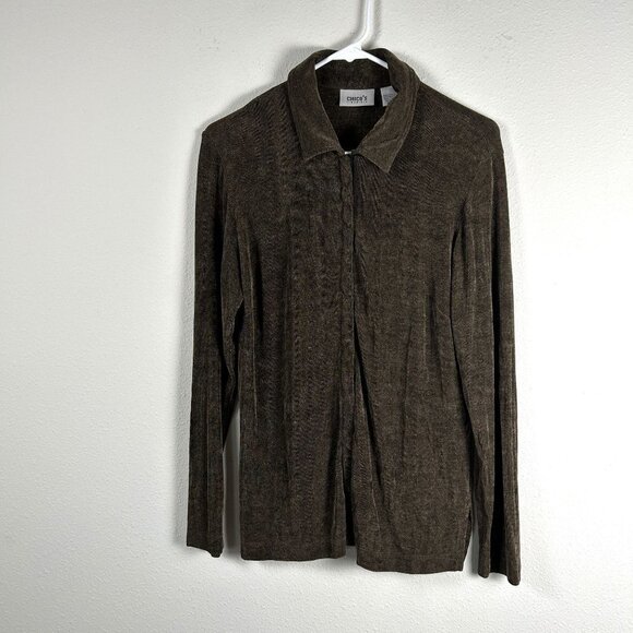 Chico's Tops - Chicos Travelers Top Size 1 M Brown Long Sleeve Snap Front Slinky Acetate USA